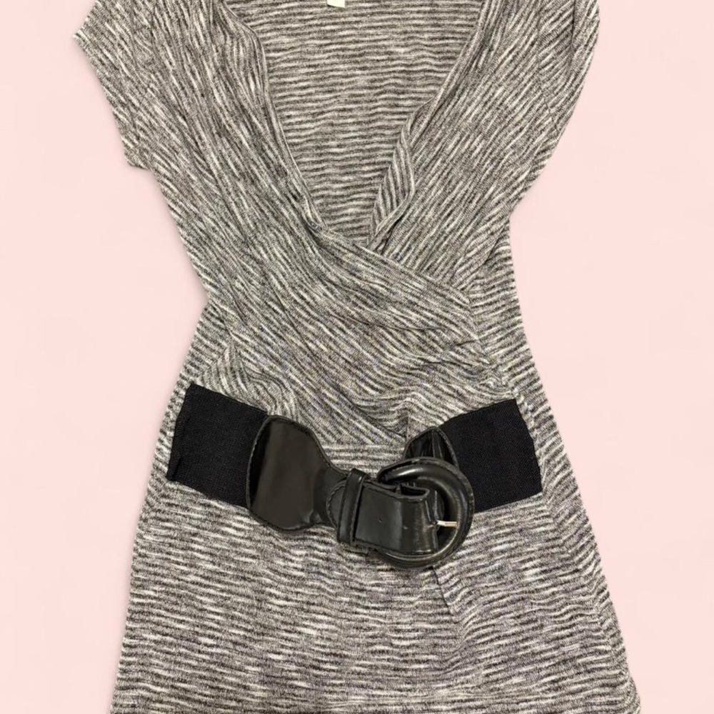 Y2K Gray Knit Bodycon Mini Dress Belted V Neck Sweater Dress office siren